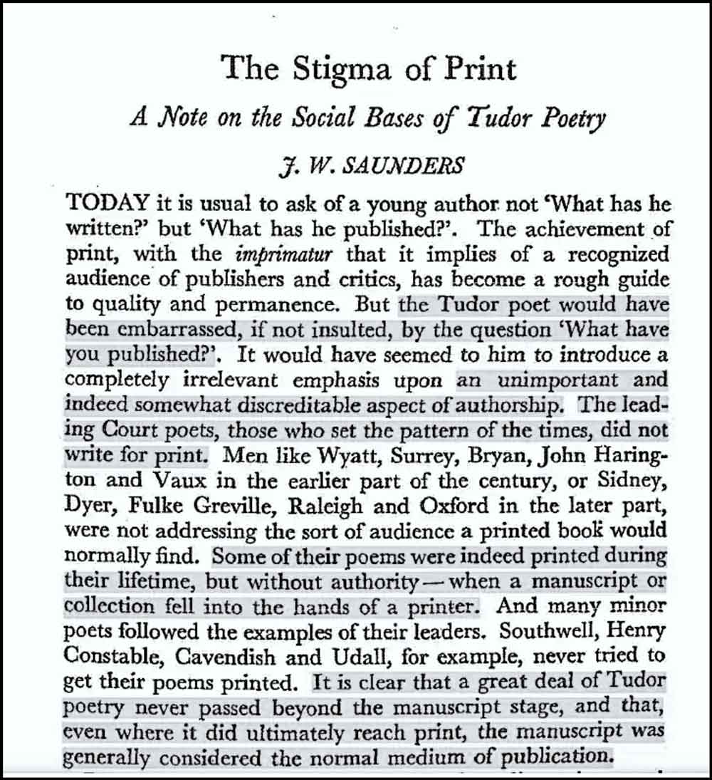 Right: The Earl of Oxford isn’t often seen in academic essays on Elizabethan poetry but he is mentioned as a poet who didn’t actively seek publicity